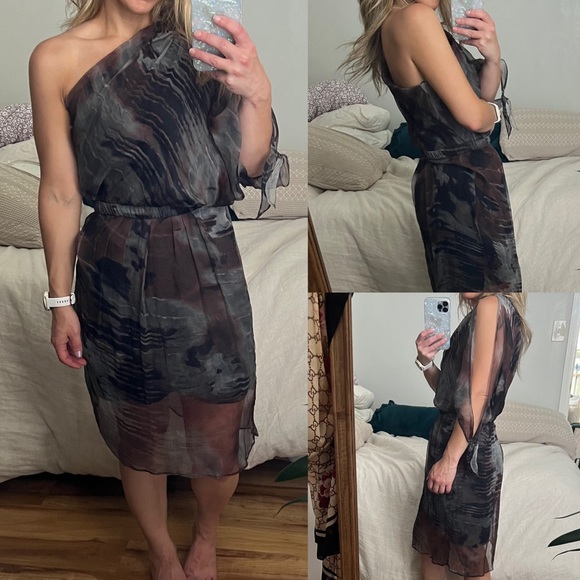 Black Halo Dresses & Skirts - Black Halo Silk abstract one shoulder Asymmetrical Dress cut out sleeve 4